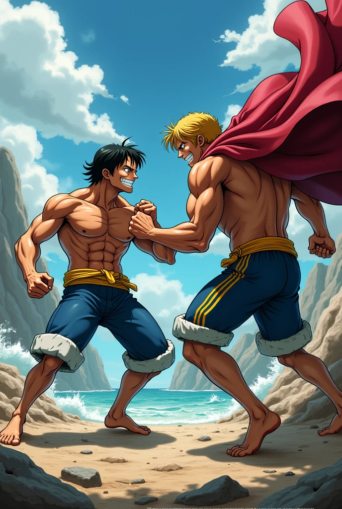 3boys, full body shot, a muscular bodybuilder with 8 pack abs and big biceps and big pectoral muscles, sand, warrior, washboard abs, 8 pack abs, biceps, smile, sexy, erotic, big biceps, anime art, anime screenshot, anime screencap, anime face