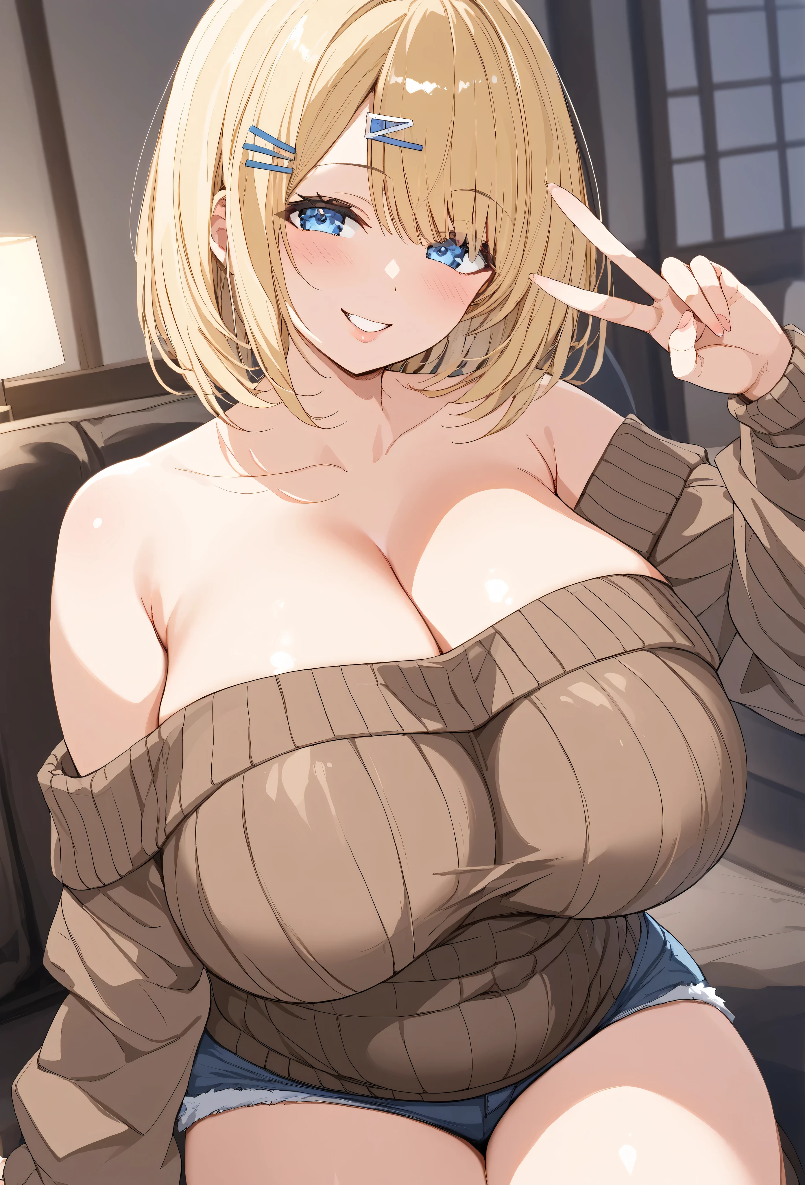 Blonde、hairpin、 belly shortcut hair、The right eye is covered by hair、Light blue eyes、 gal、Big Breasts、 off-shoulder、knitted clothes with open shoulders、 brown sweater 、Gal Peace with the right hand、 peace sign、right hand of Peace sign