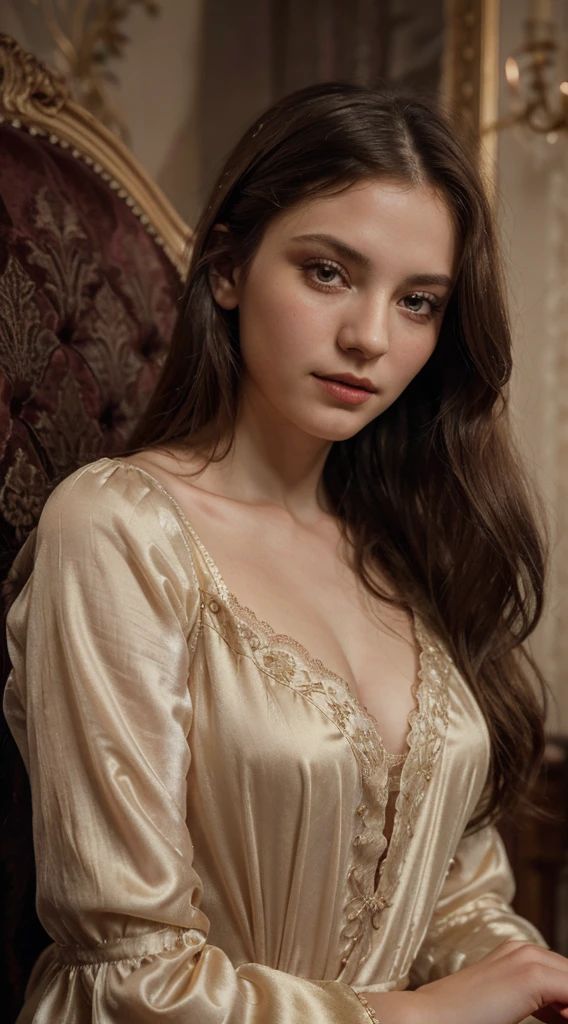 make a pretty British girl who has a white skin and had a little curly long brown hair and had a dark green eyes and wearing a aesthetic red dress