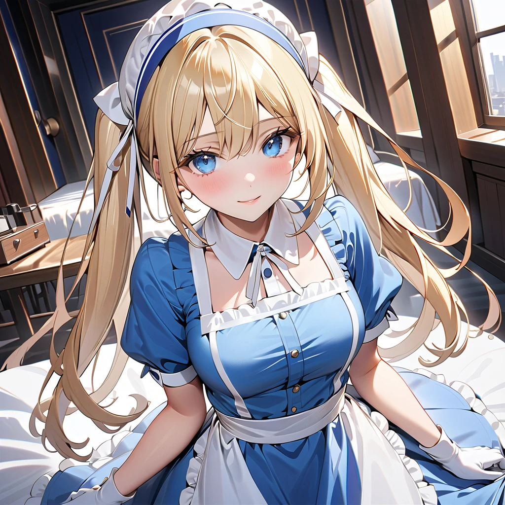 ( best quality), ( ultra hi-res), (超 high definition ), ( Highly Detailed CG), (32K), (masterpiece), ( perfect anatomy )Kojikaho, blonde hair, low twintails, blue eyes, white head scarf, blue dress, short sleeves, waist apron, white gloves, white thighhighs, puffy sleeves