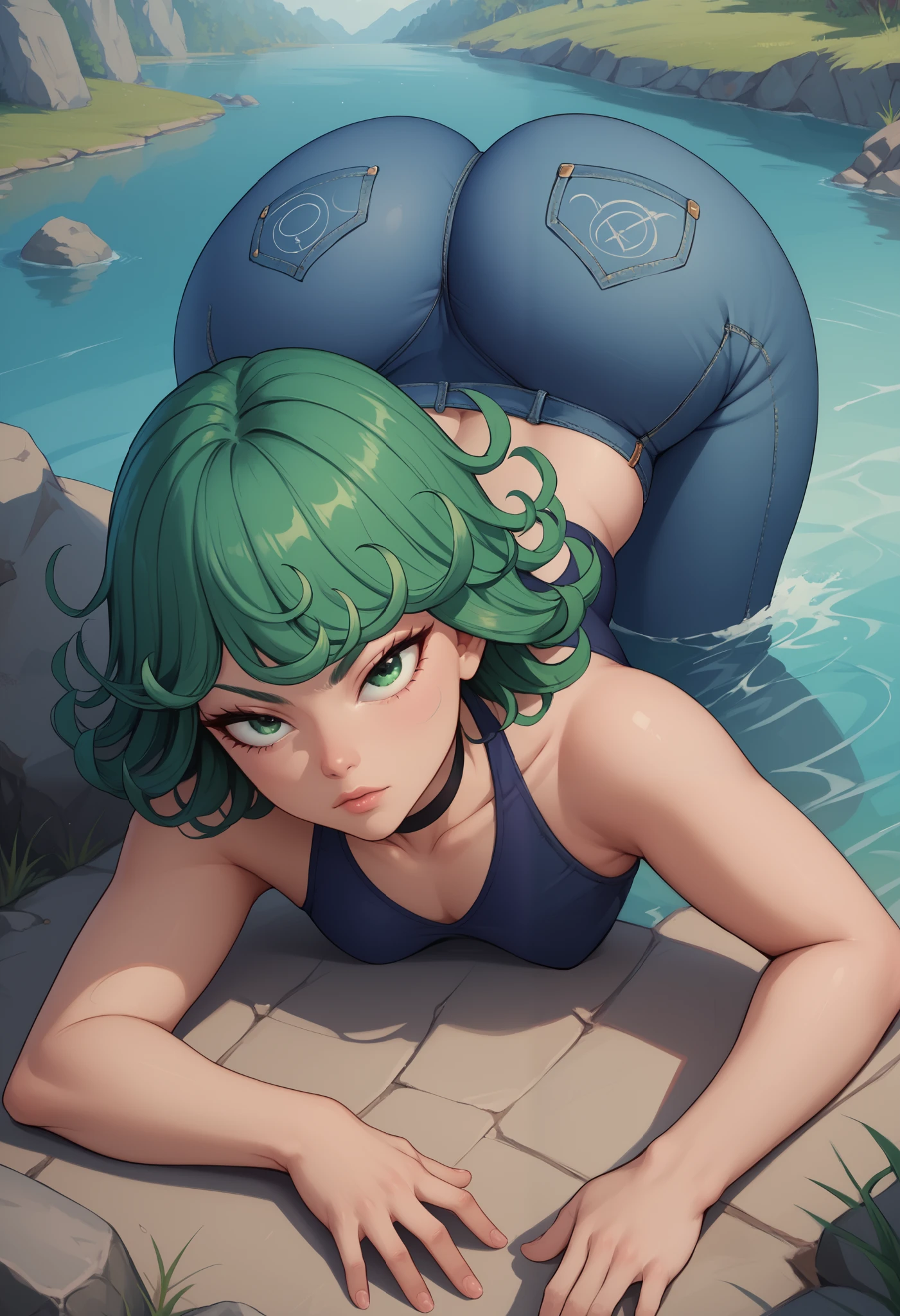 Tatsumaki, short green hair, green eyes, Small saggy breast, huge hips., an impatient expression on his face, choker. looking at the viewer, shirt. jeans. river. swimsuit. bottom view. face dawn ass up