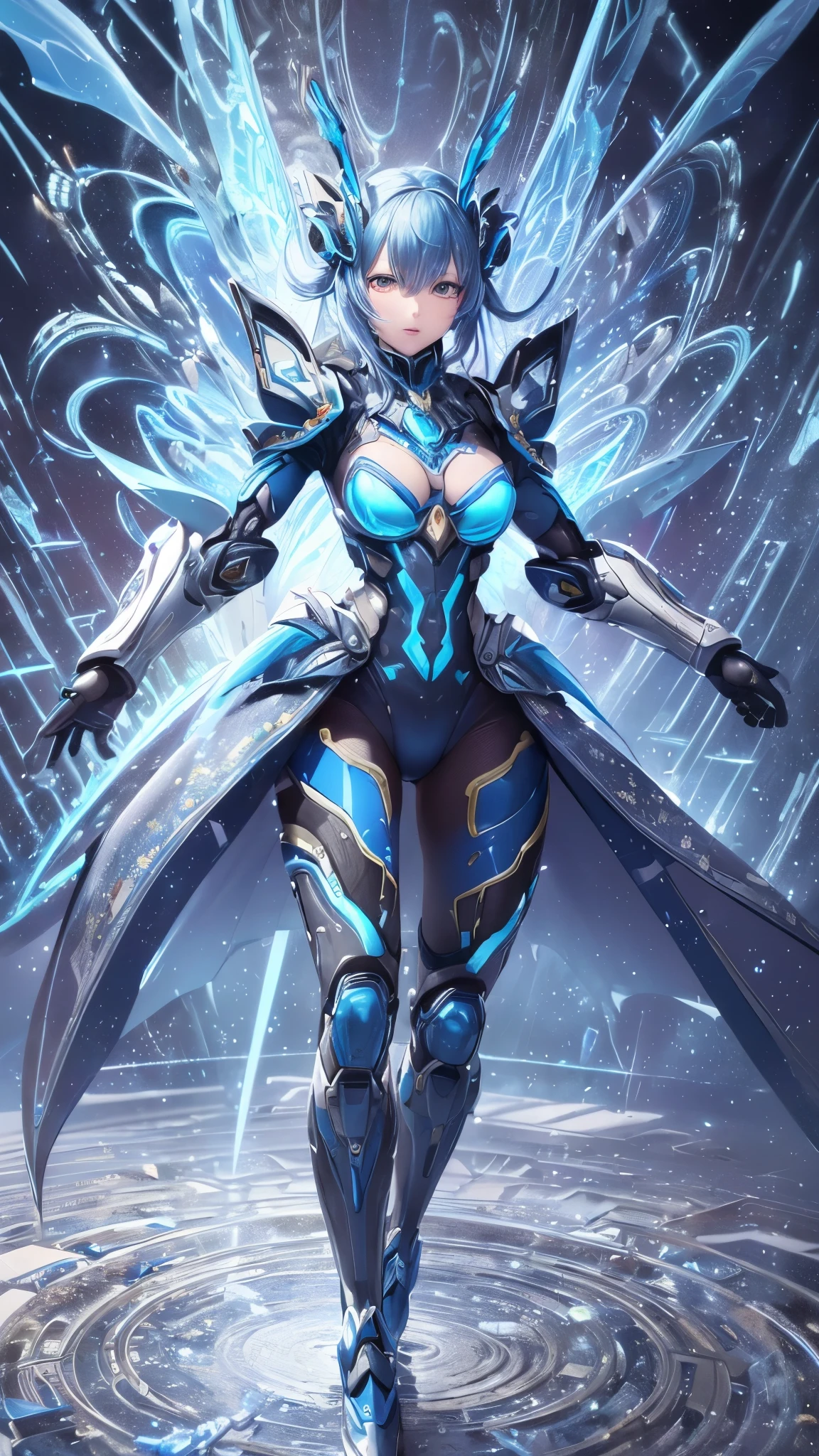 Create an ultra-realistic depiction of a mechanical wind spirit. The spirit combines ethereal grace with futuristic elements. Her figure is slender and elegant, with a metallic sheen to her skin that glows with a soft, bluish light. Her hair is composed of fine, silver wires that float and sway as if in a gentle breeze. Her eyes are luminous, with a cyan glow that reflects her mechanical nature. She wears a sleek, metallic outfit with intricate patterns that resemble circuit boards and wind motifs, blending traditional and futuristic aesthetics. The wind spirit's limbs are adorned with delicate, gear-like ornaments that spin gently, creating a sense of perpetual motion. The background features a futuristic cityscape with towering structures and advanced technology. Neon lights and holographic displays create a vibrant, dynamic atmosphere, while digital wind currents and floating particles emphasize her connection to the wind. The color palette includes shades of silver, blue, and white, highlighting the mechanical and ethereal aspects of the wind spirit.
