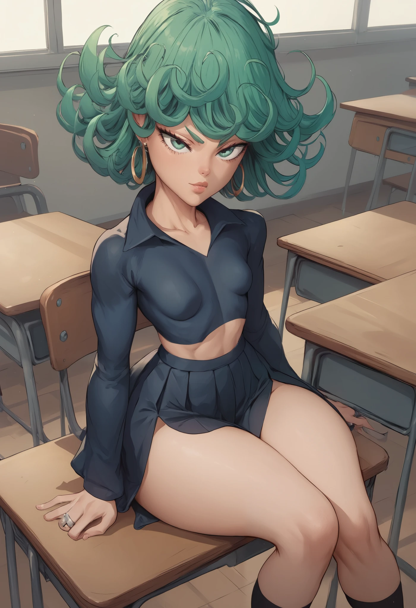 Tatsumaki, short green hair, green eyes, Small saggy breast, huge hips., an impatient expression on his face,  ring earrings. school uniform. school class. desk. sitting