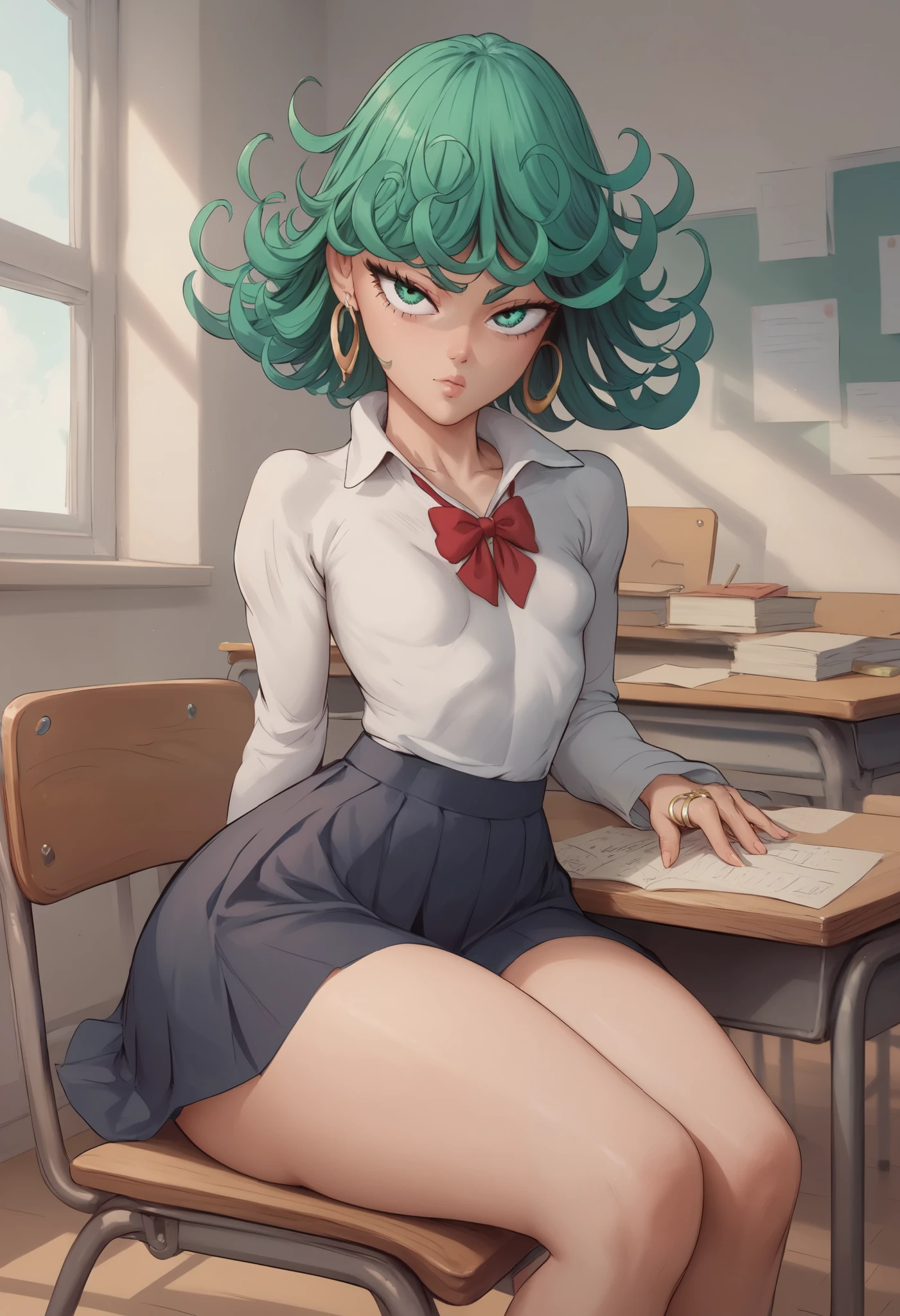 Tatsumaki, short green hair, green eyes, Small saggy breast, huge hips., an impatient expression on his face,  ring earrings. school uniform. school class. desk. sitting