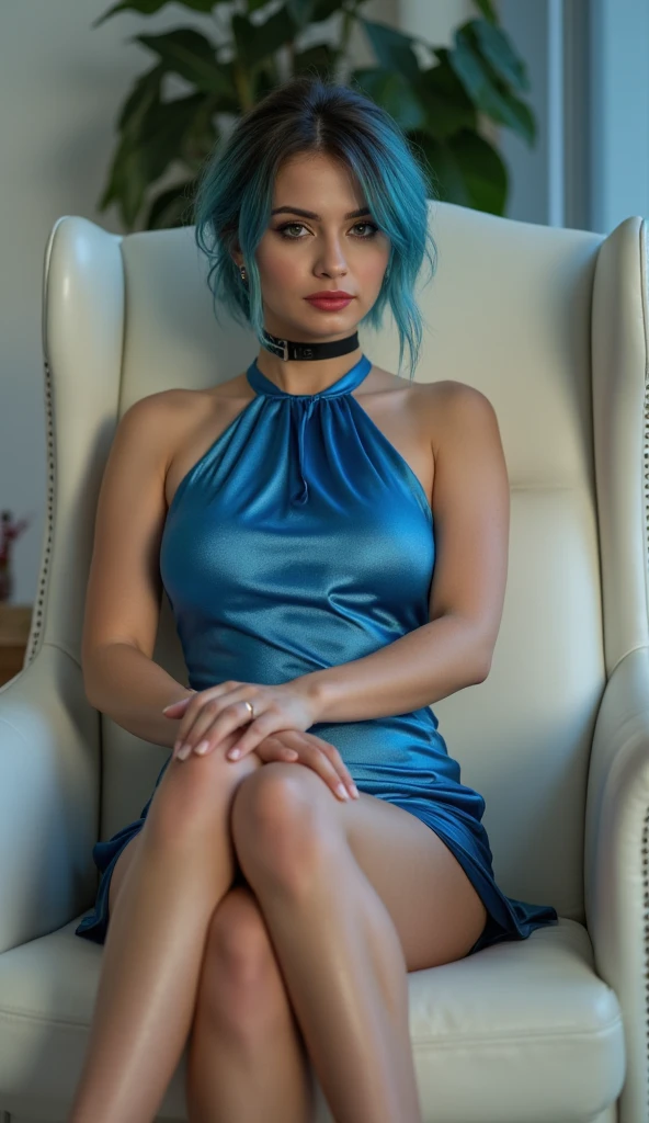 face, consistent face, short hair, blue hair, beautiful eyes, high detailed eyes, gorgeous, sexy, 1 girl, cleavage, dress, elegant dress, model dress, fashion, stylish, 2024 fashion, western, hot girl, happy, natural light, realistic, ultra realistic, high quality skin texture, in a museum, art museum, full body, high heals, vintage,