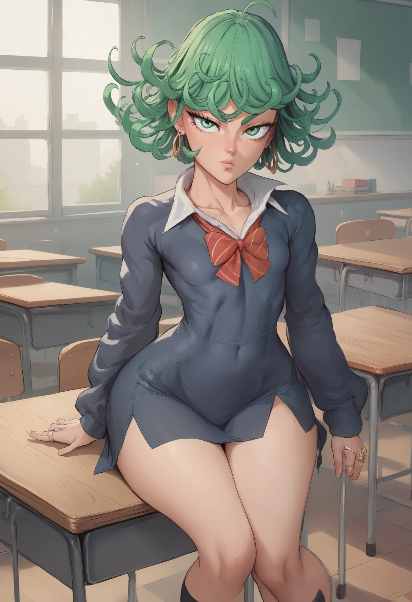 Tatsumaki, short green hair, green eyes, Small saggy breast, huge hips., an impatient expression on his face,  ring earrings. school uniform. school class. desk. 