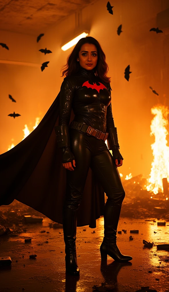 Design an image of Trisha Krishnan as Batwoman. She is wearing a black armored suit with a red bat emblem and a flowing cape. The underground setting is ablaze, with burning computer screens, broken gadgets, and bats flying through the smoky atmosphere. Trisha stands confidently amidst the flames, her cape flowing dramatically. She gazes at the camera with a mysterious and resolute expression, embodying cinematic intensity