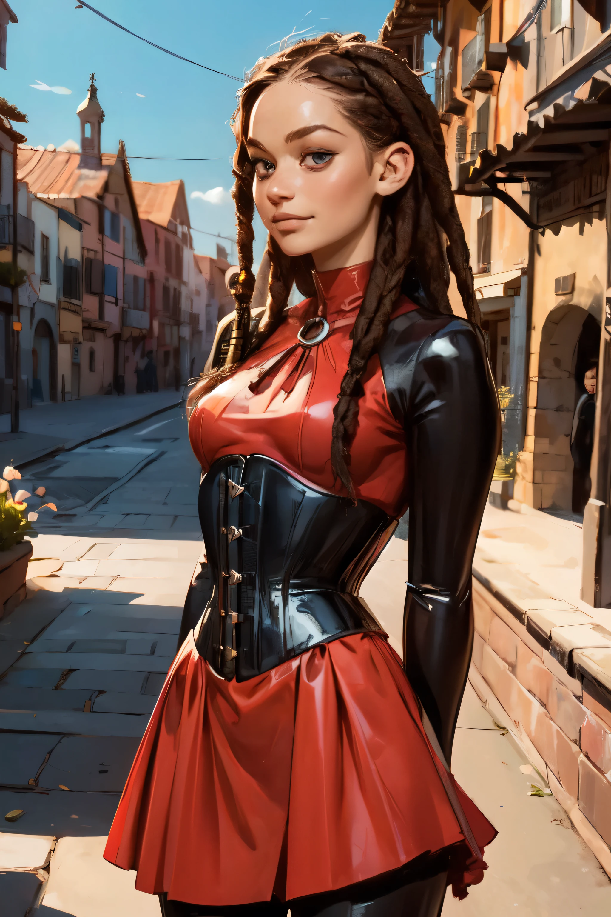 young aztec girl that looks like a 18-year-old Jennifer Lawrence in medieval Spanish latex catsuit with frills, pinstripes, puffed sleeves and jabot, corset and a skater skirt, cute face, toned, mongol girl, pointy chin, big eyes, olive skin, young and beautiful with red eyes and dreadlocks, athletic, smiling, background: medieval Spanish town with flat roofs and flowers, artstyle by Bob Kehl, hdr, D&D artwork style, realistic, arms crossed behind her back