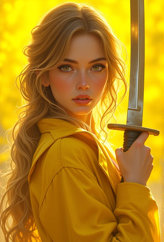 a beautiful girl holding a katana with glasses,yellow jacket,long yellow hair,elegant pose,detailed facial features,detailed eyes and lips,photorealistic,high quality,cinematic lighting,vibrant colors,fantasy setting,yellow background