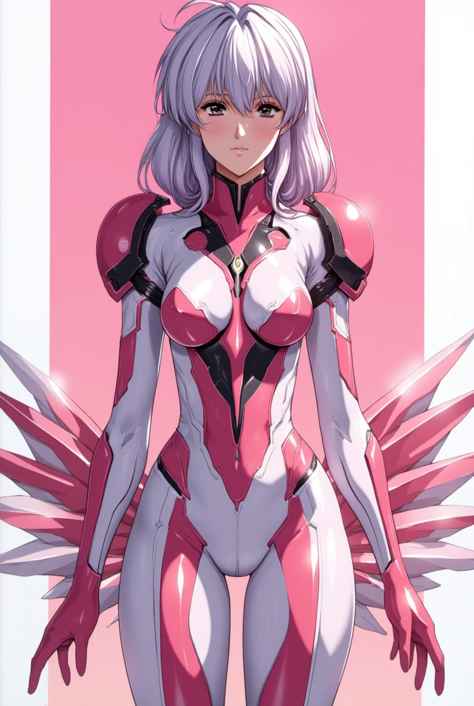  top quality ，masterpiece， super high res,  very detailed, 8k，Evangelion suit , a beauty girl, A surprising ratio、front、whole body、pink and white bodysuit