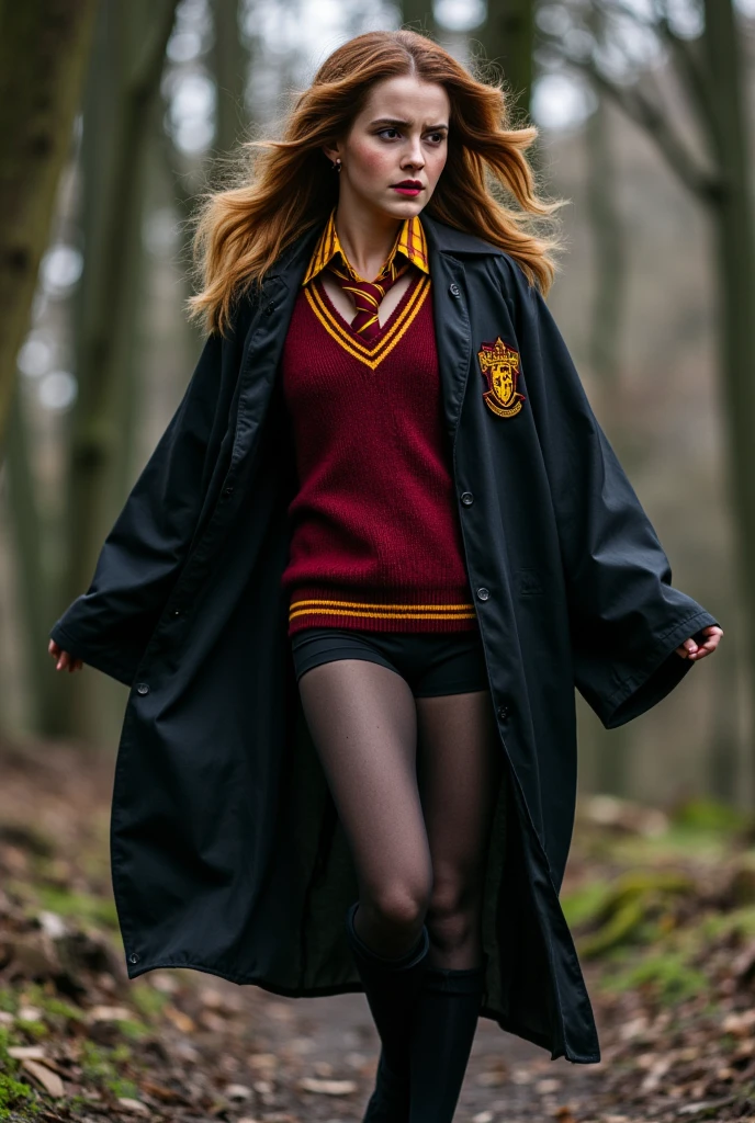  An 18-year-old Hermione wearing Hogwarts , Gryffindor style ,  Red and yellow tie and muffler ,  Black stockings that rise to the knee ,  wearing a black see-through robe ,  astonished expression , Windy weather,  Strong wind lifts her skirt.  Her secret place exposed by the wind ,  18-year-old Hermione wearing Hogwarts , White underwear soaked in love ,  ultra high definition,  perfect rearview portrait , Wasp figure ,  Hourglass Body ,  perfect body ,  White and elastic thighs ,  wearing a very detailed 