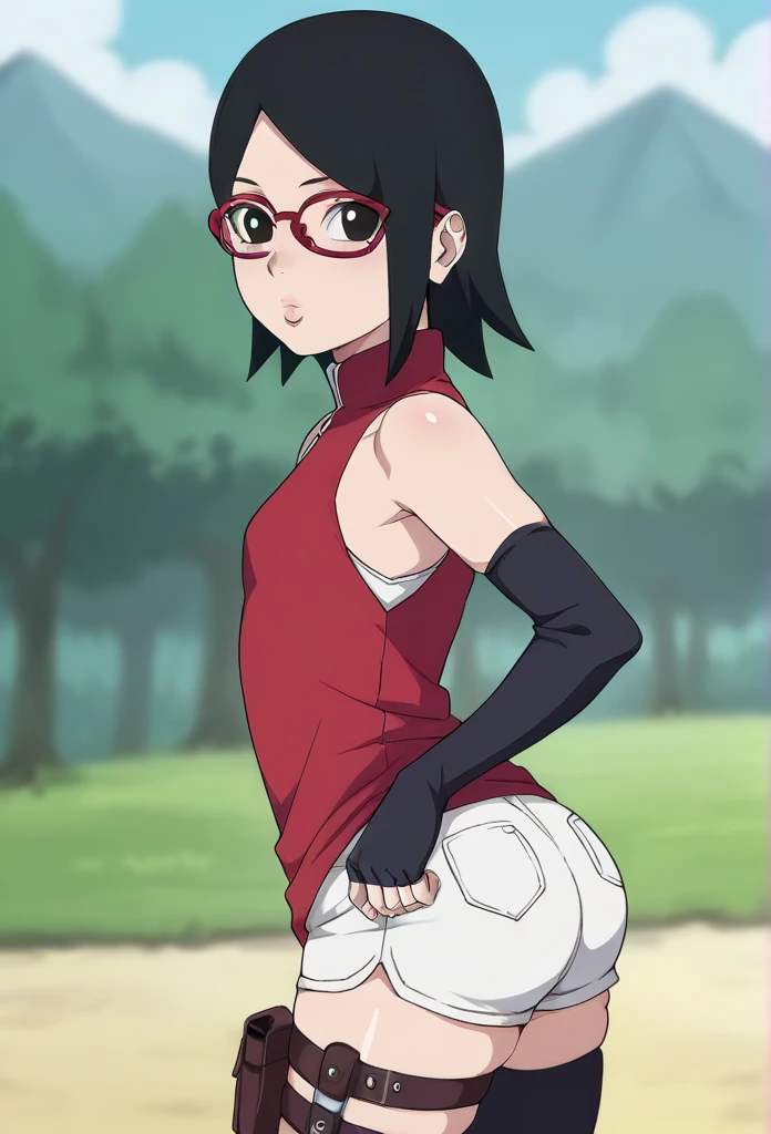 score_9_up, score_8_up, score_7_up, score_6_up, score_5_up, score_4_up, ,zPDXL2, solo, rating_safe, perfect face, perfect eyes, BBC_Chan Style, Sarada Uchiha, solo, 1girl, black hair, short hair, red-framed eyewear, glasses, black eyes,red dress, sleeveless, elbow gloves, black gloves, fingerless gloves, white shorts, black thighhighs, thigh holster, side view, large round butt, bubble butt ,konohagakure village pathway, flat chest,full lips