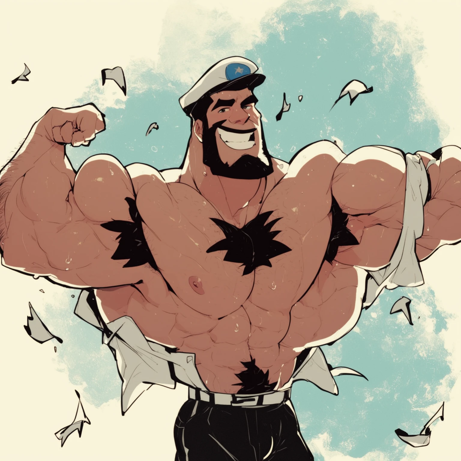 Sea captain flexing huge muscles hairy muscles with bulge. Very sweaty.