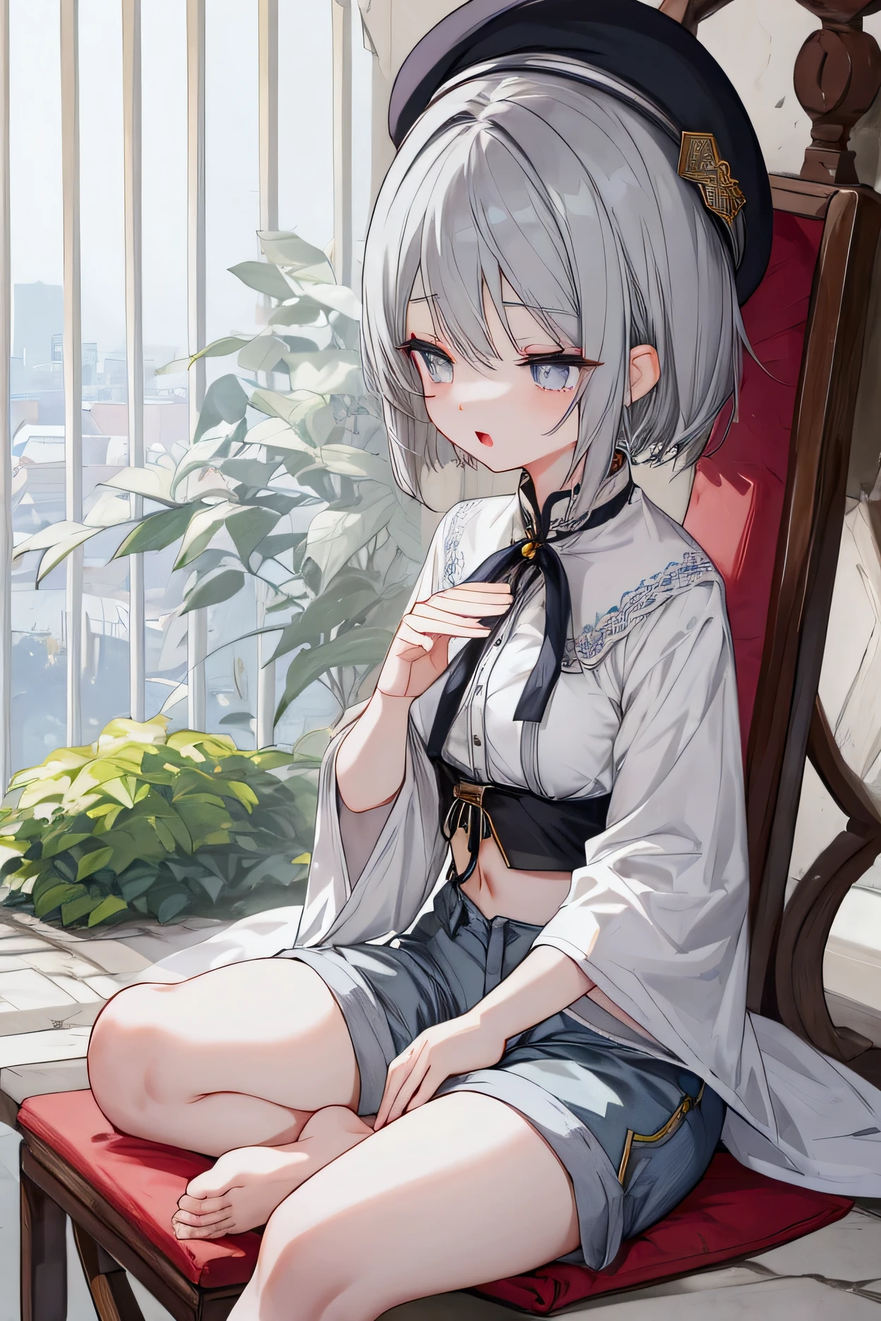  eyes are meditating、 is opening her mouth、Gray Hair、Shorts、Short Hair、Sitting wearing a beret、