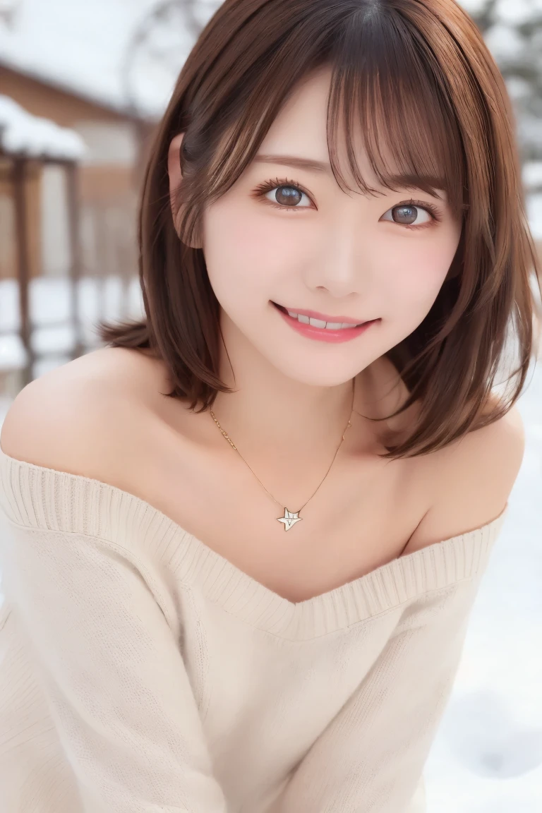   top quality  , ( beautiful)、 beautiful女性、solo、1 person、Precision Eyes、  medium hair 、   brown eyes  、  brown hainskin、Inner Chest、 necklace、 smiles、 knitted sweater outdoors in the snow、 off-shoulder、slouch、 forward slack 