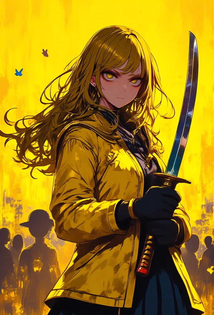 a beautiful girl holding a katana with glasses,yellow jacket,long yellow hair,elegant pose,detailed facial features,detailed eyes and lips,photorealistic,high quality,cinematic lighting,vibrant colors,fantasy setting,yellow background