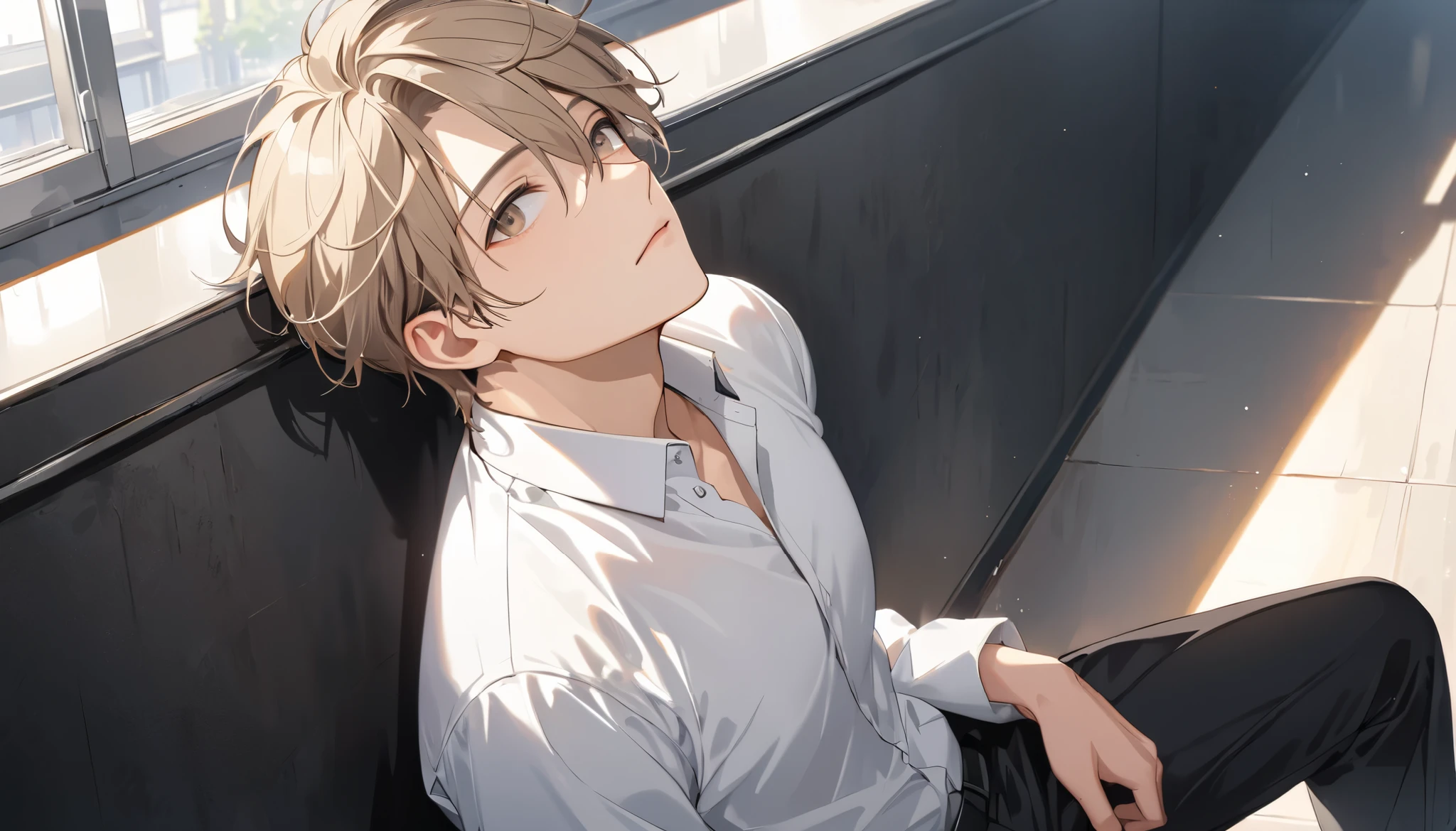 masterpiece, beautiful young man, ( one man), ((whole body)), Bangs that fall on the forehead, Light Brown Hair, 真剣な表情で looks up, front, Don't tilt your neck , Overlooking, Birdseye, wearing a white business shirt , long black pants , Sit on the floor with your legs bent. ( standing on one knee), Black leather shoes, Natural light illuminates the face, ((Leaning against the classroom wall )), High Quality , ((( looks up))), leaning against a wall