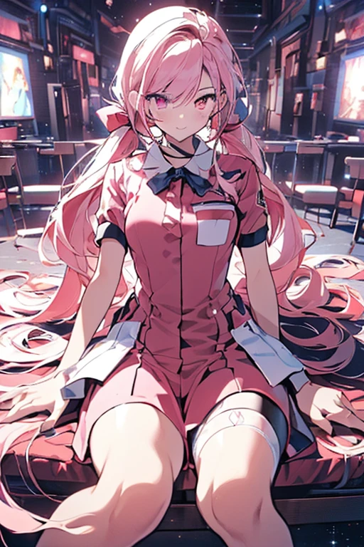 Pink hair, hair down, red eyes, nurse, sexy red nurse uniform, skintight, holding medicine, high quality, smug face, thigh high socks