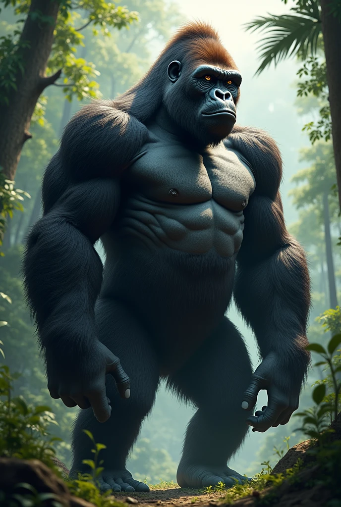 Titanic Genesis, Incredible Ape, Primordial God, Prehistoric Drama, Male Ape, Silhouetted Against the Sunset, Towering Physique, Muscular Form, Rough Fur Texture, Deep-set Brown Eyes, Serious Expression, Crown of Leaves, Worn Around the Neck, Forest Background, Hyper-realistic CG, Ultra 8K Resolution, Detailed Muscles, ISO , Canon EOS-1D X Mark II / 500mm F4 IS II USM, Professional Lighting, Physically-based Rendering, Hawk-like Focus, Sunken Chest,