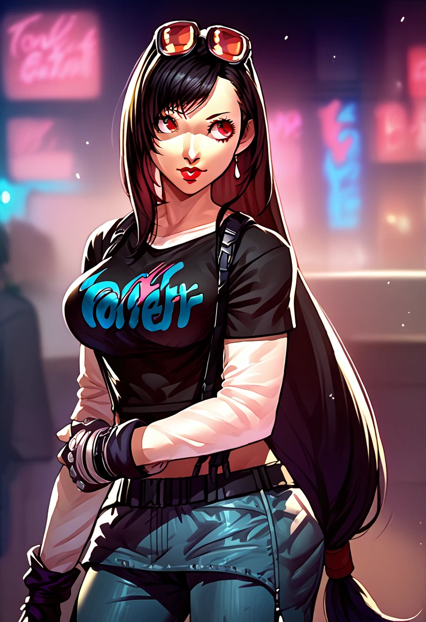 1 girl, sunglasses on head, lipstick, black t-shirt, clothes writing, layered sleeves, large breasts, jeans, Tifa Lockhart, black hair, red eyes, long hair