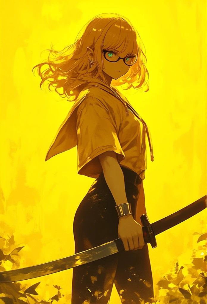 girl holding katana wearing glasses, yellow jacket , yellow hair , beauty , elegant , yellow background