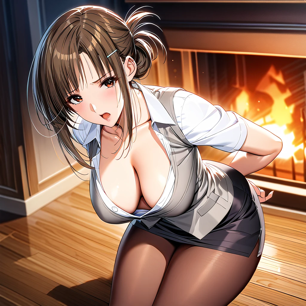 downblouse, breasts apart, extended downblouse, girl on top, shirt, bent over,embarrassed angry,open mouth,down blouse,akizuki sara, brown hair, folded ponytail, hair bun, hairclip, brown eyes, lips,wide hips,looking at viewer,fantasy,in library,fireplace,milf woman,30yo,ecstasy,extremely beautiful face,wide hips,black eyes,office suit,grey vest,busty breasts,tight skirt,pantyhose,(curvy),(cleavage), 8K RAW,professional lighting,extremely beautiful legs and body,super fine illustration,best quality,8K wallpaper, ultra-detailed,HDR,warm lighting,