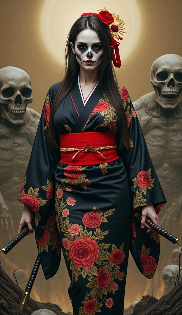 masterpiece、Highest quality、Realistic photos、Thick Fog、A beautiful Japanese girl in a very elaborate red kimono、((((On both hands、Precisely holding the skull of a Caucasian adult male))))、(((She spreads her legs to show her vagina)))、((Red background))