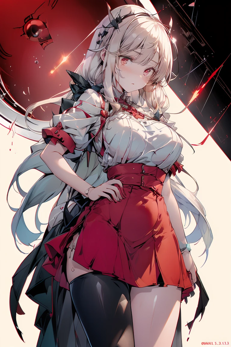 Expressive eyes, 1 girl, curly white hair, red eyes, transparent hovering shirt, belly free, short dark red skirt, arms open, big breasts, nipples