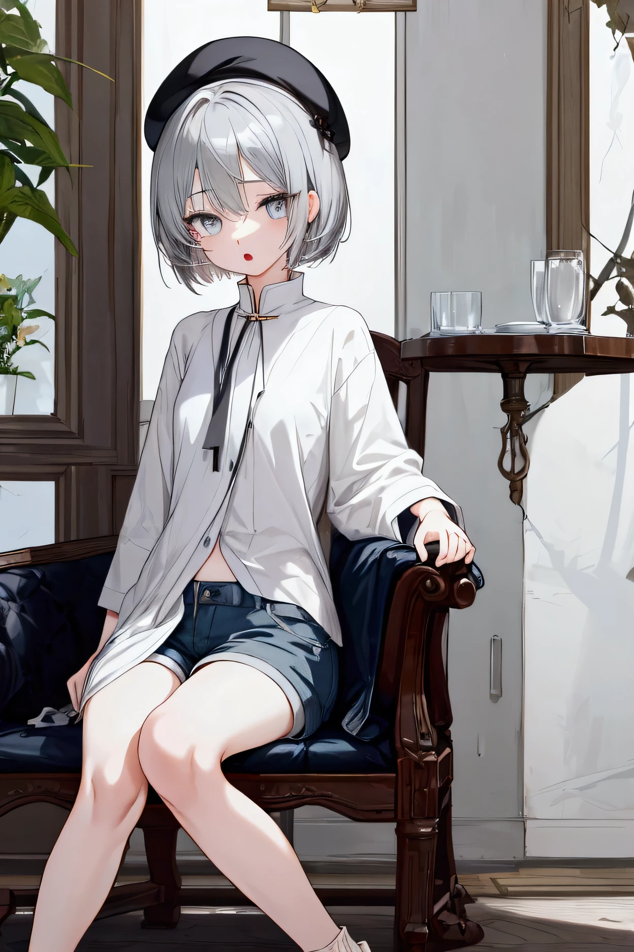  eyes are meditating、 is opening her mouth、Gray Hair、Shorts、Short Hair、 I'm wearing a beret、 sitting on a chair、 looking at me、whole body、