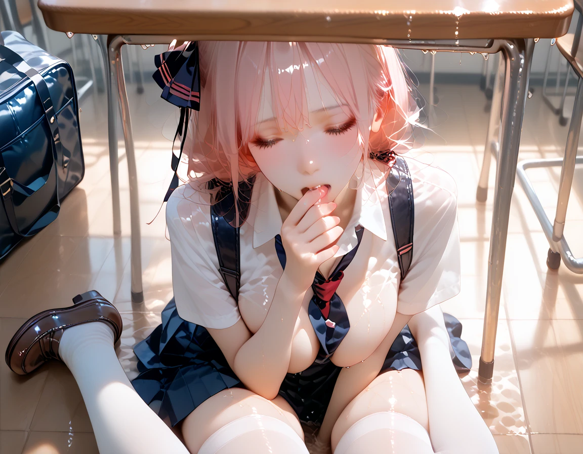 In the classroom， first person saw ， footage of my legs ，Looking up， under a table where a schoolgirl lay，She looked up at the camera ，Big breasts， wet white clothes ,  pink hair ， Lovely expression ， blush, 18 year old ，露出Big breasts部，JK skirt， socks with white stockings ，red， and kneeled in front of me ，Grab my hand ，I touched her mouth 