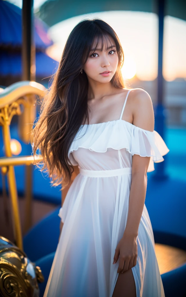 A closeup,A cute hourglass body (20-year-old beautiful asian women)She has long light brown straight hair), radiating sensuality and confidence. she poses, exuding youthful sensuality, first-person view, pov, bokeh, Nikon, UHD, retina, masterpiece, ccurate, anatomically correct, textured skin, super detail, high details, high quality, award winning, best quality, highres, HD, solo focus, big breast,enjoying her time, wearing a sexy off white floral shoulder top, mini skirt,outside the wind blows her hair, closeup, angle pose, big bridge