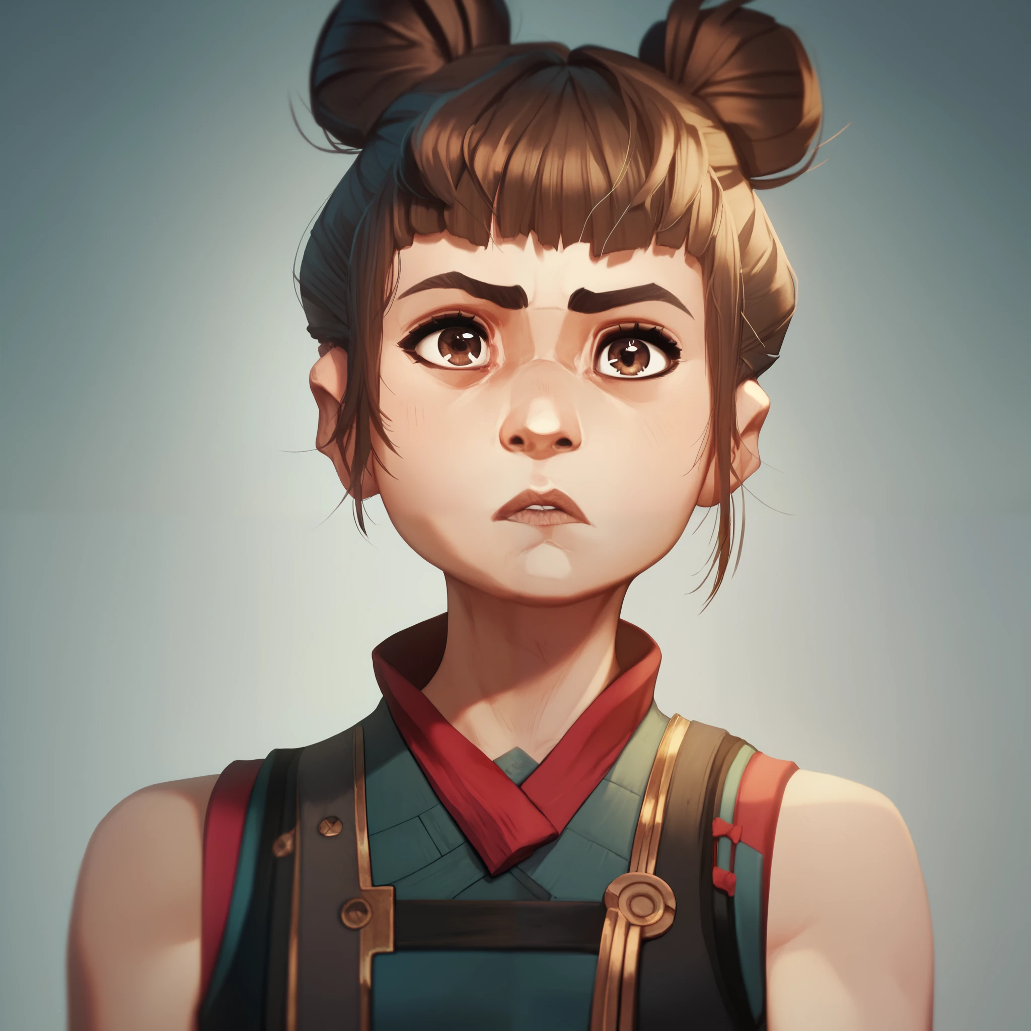 PowderAltOutfit1, bangs, brown hair, brown eyes, bare shoulders, hair buns, short hair,