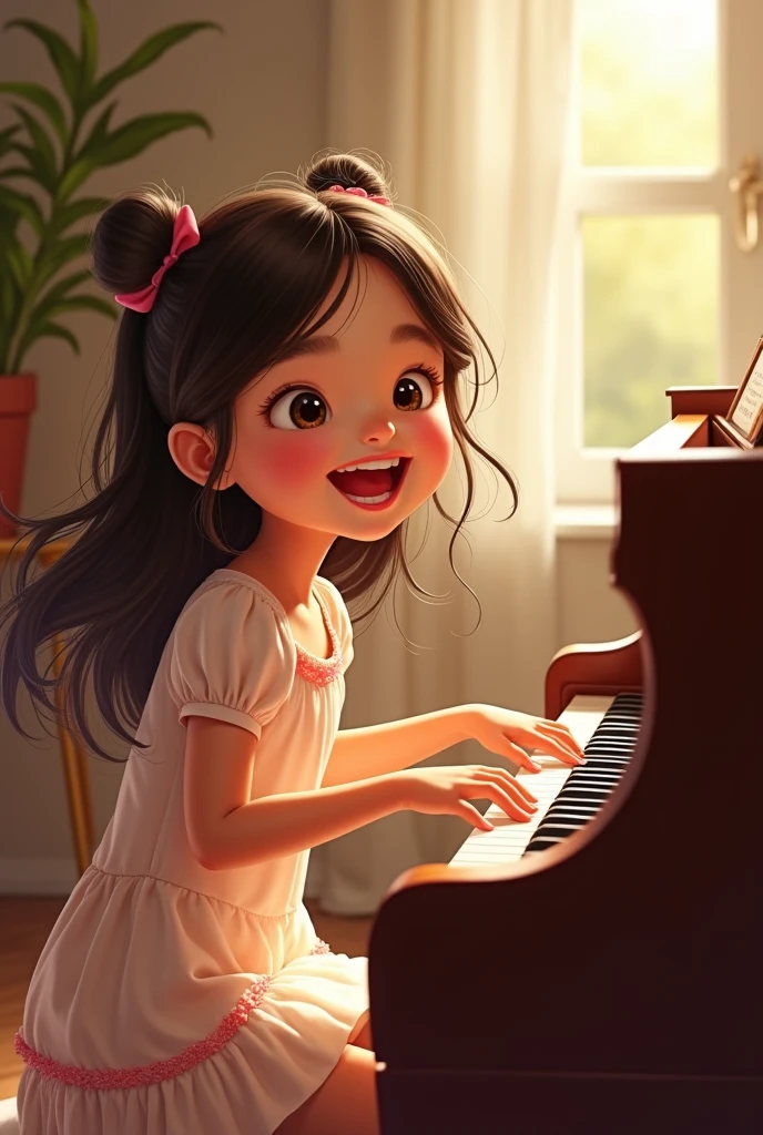 A whimsical, animated scene of a girl playing the piano, viewed from behind. She is wearing a cute navy blue dress with a playful design, and her hair bounces as she moves to the rhythm of the music. The room is softly lit with warm, golden light, creating a cozy and inviting atmosphere. Beside her, a small, animated dog with big, expressive eyes sits and occasionally wags its tail, listening to the music. The piano has fun, animated details like colorful stickers or doodles, adding to the lively and cheerful vibe of the scene. The overall feel is playful and heartwarming, capturing her love for music and her adorable dog