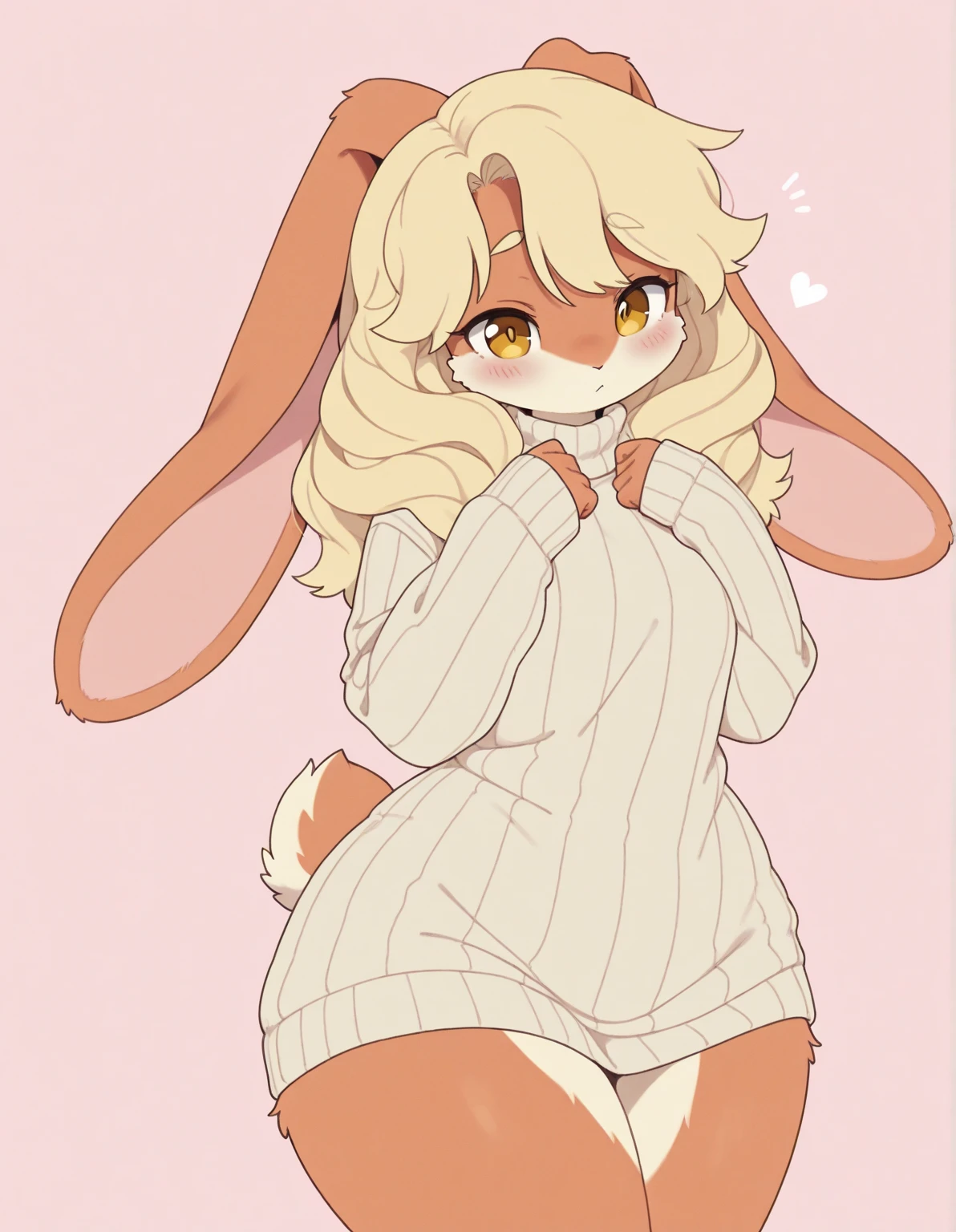 Alone, _style, 1 , furry female, furry, 1 ,,  Very Detailed Illustration, (Anthropomorphic furry rabbit boy:1,7) , voluminous disheveled hair ,  a playful look , thin, ideal body,  fine winding,   Wide Hips, simple drawing, Artifyber style ,  flat pastel colors , , cartoon, sweater, naked