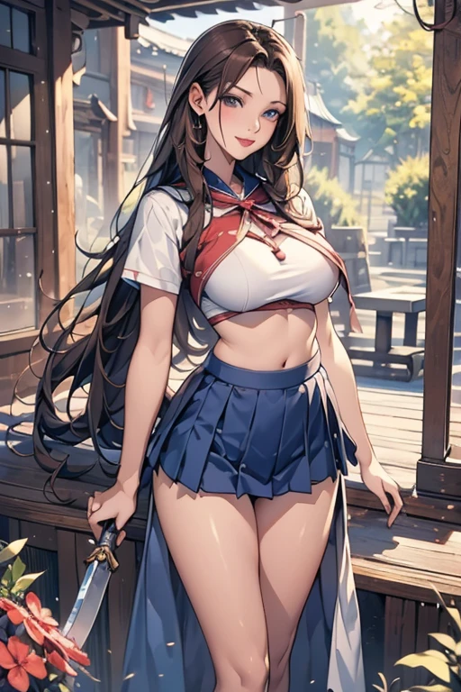 最 high image quality, masterpiece, 4K,  high image quality,  super high res,  of the prairie , CG drawing（ one cool adult female swordsman ） Hair、Brown Hair、Hairstyle、 straight。  long hair。 I'm parting my hair in the middle。 Navy blue mini pleated skirt that looks like 、I'm putting it out 。 Tall、 slender 、（Sexually、Attractive body）
 （ slender length 、 long, sharp eyes 、 make her cheeks bright red and ）（ blue eyes。 Delicate eyes、 beautiful瞳、 beautiful、 red lips。 Clear Eyes 、（ sharp body in the middle 、）（Big Boobs、 seductive thighs 。Tight and tight waist 。
lipstick、 Completely-valid。）（Perfect、 beautiful eyes）（In short sleeves、 short length sailor suit 、 belly button out。  short at the inseam, 60 cm above the knee, super short 、Pants、 your forehead、。）
Deep Forest、A female swordsman、 standing 、 sexy、Posing）（ make cheeks bright red 、 wicked smile。）
 biologically 、Correct body