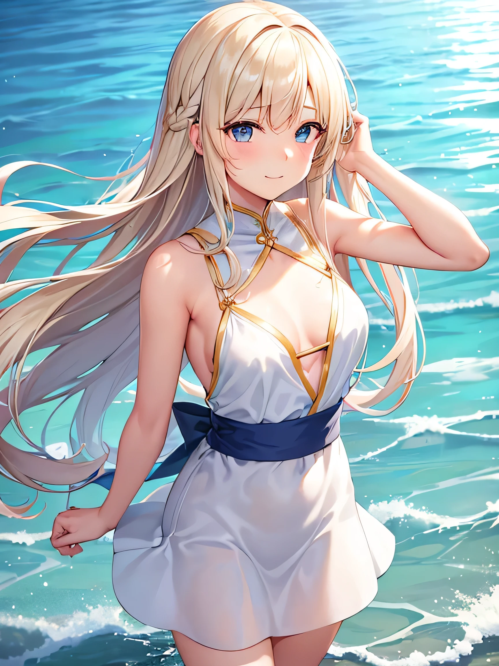 Hairstyle:  long straight blonde hair 、 has a small braid on the left side
Eye : Bright Blue Eyes、 has sparkles
Face :  Delicate egg-shaped face 、 gentle expression
Body type :  Tall and slender
Height : 165 cm
Outfit :  white bikini 、 with gold accents 、 matching cover-up skirt
Features :  Elegant and Calm Atmosphere 、 quiet appearance
Location : Near the sea、 Clear and clear water 、 waves swaying lightly in the wind
pose :
 One hand on the waist in shallow water 、 standing on the other side fiddling with her hair
Get on your knees in the sand、 Has a gentle smile while looking back
Walking along the beach 、Splash、 enjoying your feet 
