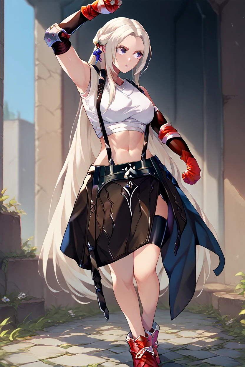 defTif, purple eyes, white hair, earrings, white sports bra, black suspenders, black miniskirt, arm warmers, black elbow gloves, elbow pads, red gloves, red footwear, Edelgard,