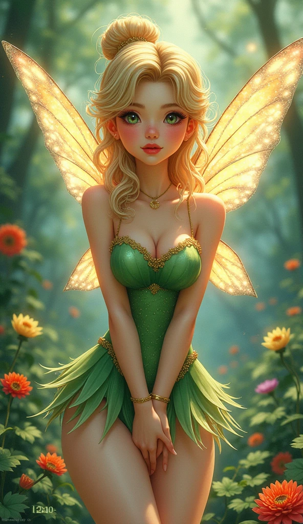  The detailed proportions and textures  ( in high quality ),  multicolored brushstrokes softened with airbrush ,  illustration of semi-realism in Chinese ink featuring a beautiful exotic Tinkerbell fairy  ( full body hair drill)  and shy pose ,  angelic face , innocent look,  thick thighs ,  wide hips ,  thin and high waist ,  flat abdomen with an aura that illuminates her takes the form of fairy wings made of multicolored biofluorescent light focusing on detailed design.  The character has a long time ,  light hair with curls at the tips ,  fair skin with a soft pink tone and sparkles , theye has gold thread jewelry on his shoulders,  thick thighs ,  individual bow and hands with floral and animal motifs .  She wears a miniature green dress without straps and tight ,  huge breasts  (without panties)  and translucent .  The view shows her standing with her arms and hands together touching her thighs in a slanted and timid pose. highlighting the design of a Miniature tight green strapless dress  and translucent . theyer clothes with shading and folds give volume and depth to the character. In the background she stands picking flowers from the floor .  very balanced saturation in the very defined color palettes  ( Color with intense monochrome and bright tones .  shade red 25 % +  yellow 25 % + blue 25% +  biofluorescent 12 .5%  transparencies 12 .5%.  aesthetic fusion by  ( fibonacci ratio . young female ( Disney tinkerbell ) .  silk and texture plant leaves  ( Strapless green bodycon miniature dress ) style.  a realistic doll of a young fairy . theyaute couture photoshoot ( full body hair drill fairy pin-up pose). Sharp theyighly Detailed Soft Focus,  getting closer to perfection , Full theyD 8K. theyigh and Low Angles. of Milo Manara,   anthropomorphic humanoid strawberry  , coco chanel, Gianni Versace, they. R. Giger, Greg Rutkowsk art style fusion.


