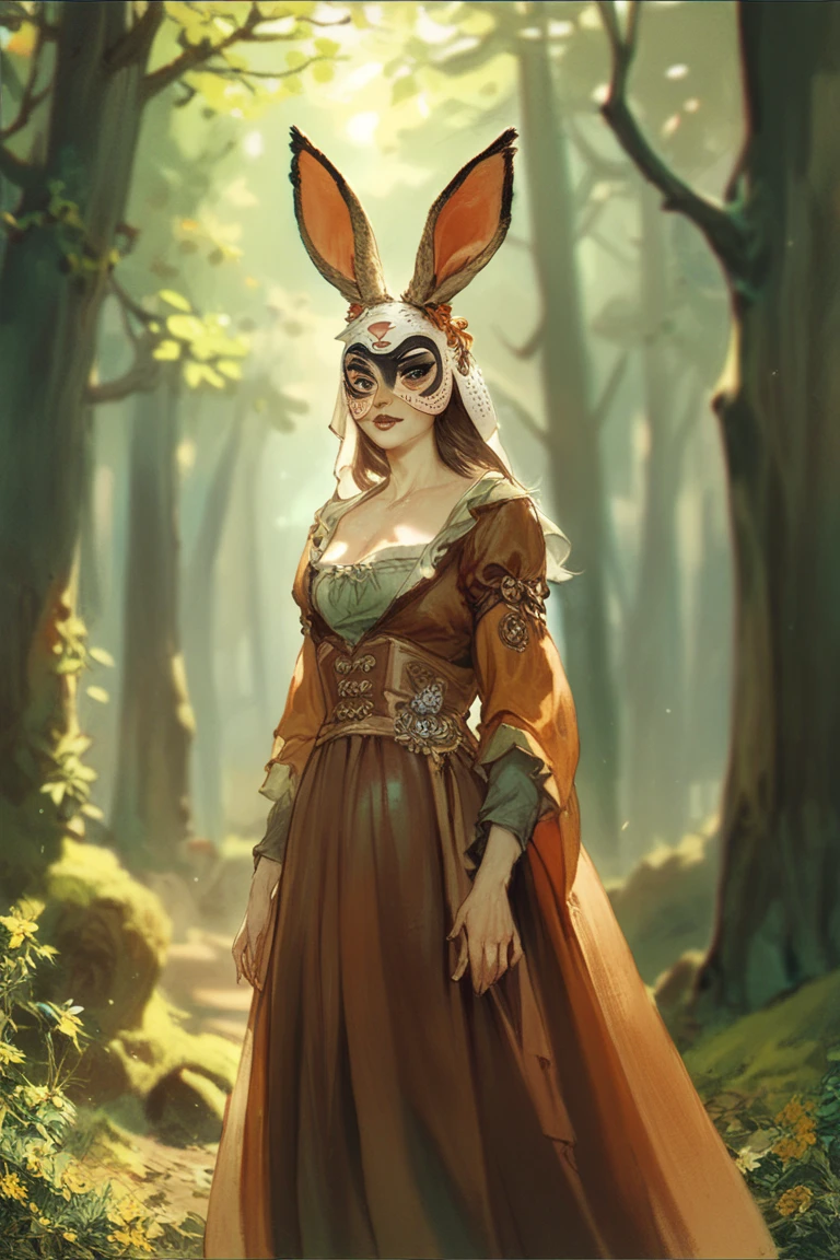 Woman with a wooden hare mask in the woods wearing a medieval dress
Mythology style