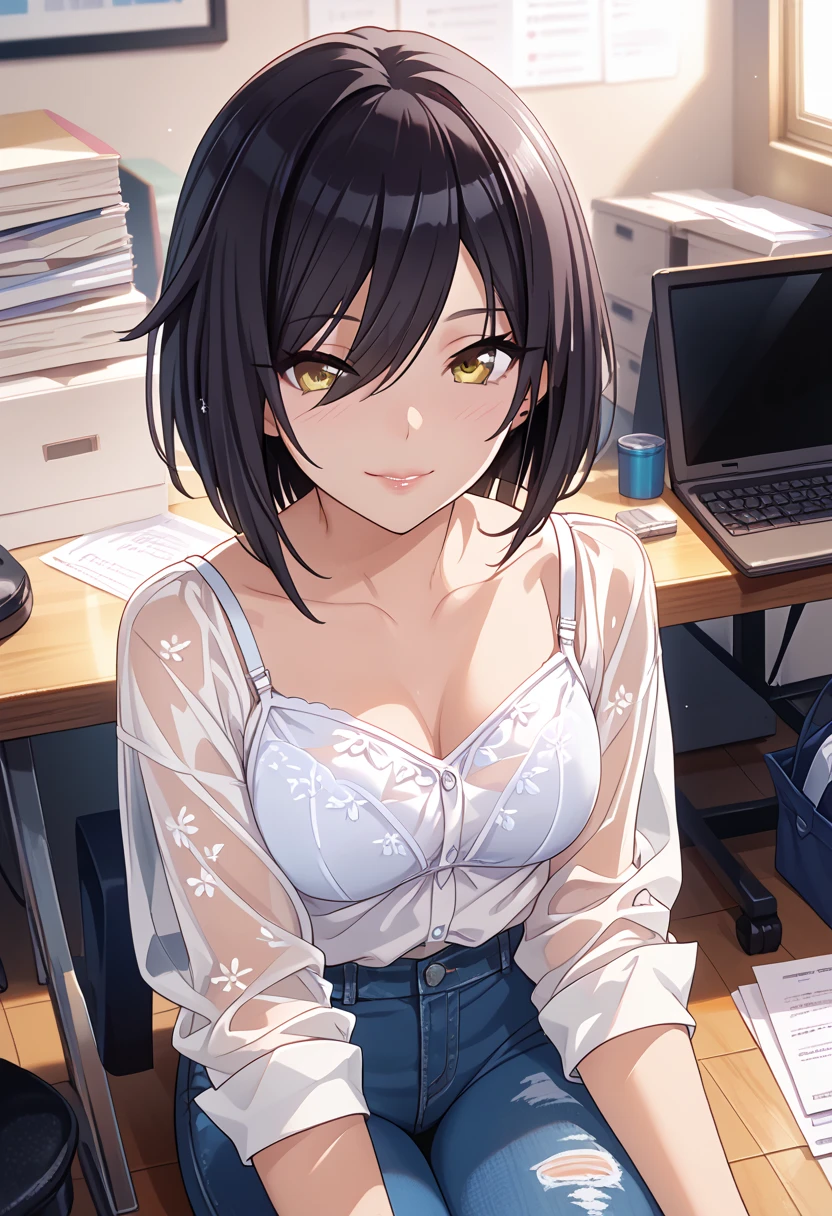 shirase sakuya, black hair,yellow eyes, bob cut, white see through shirts, flow pattern shirts, white camisole, jeans, cowboy shot, office, large breaests, sitting, working, shy smile, female focus,  looking for viwer, white  bra, lips, Short bangs