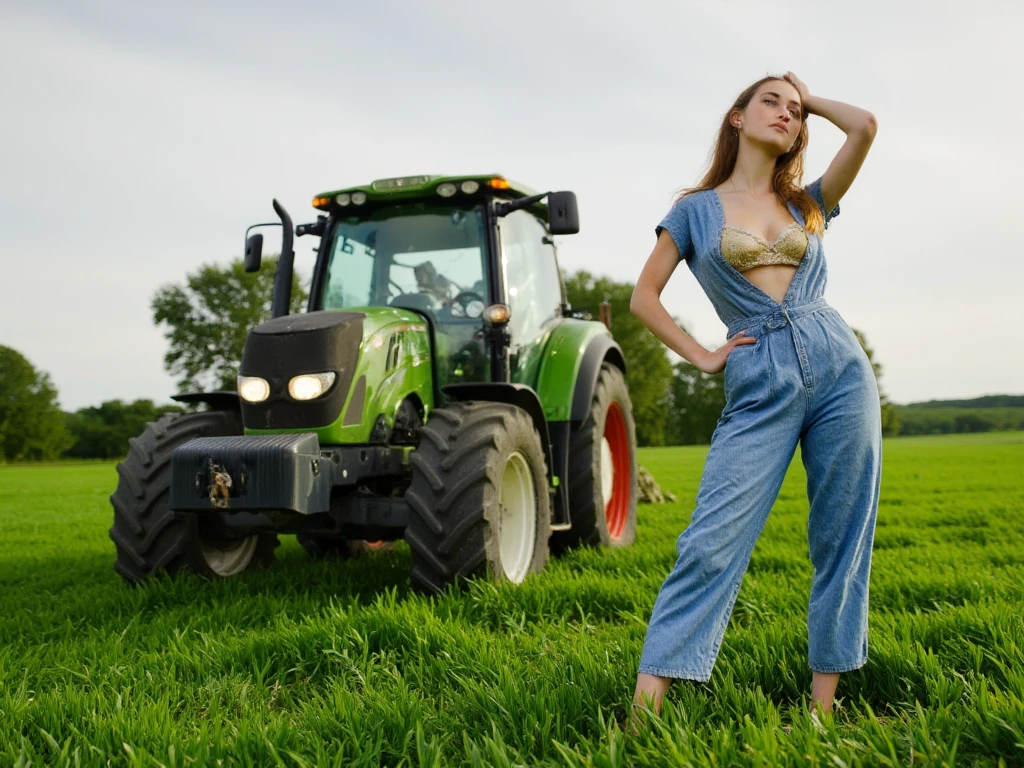 ((masterpiece)) ((photography)) ((Highest quality)) A farm scene featuring a [modern, sturdy agricultural tractor in full action in a lush green field]. Next to the tractor, a [beautiful farmer's daughter wearing a work jumpsuit open at the top, revealing her bra while keeping the bottom part of the jumpsuit closed]. She stands confidently, gazing at the horizon with a charming smile, in a dynamic rural setting. The background shows a picturesque agricultural landscape, with fields, trees, and a clear sky, creating a summery atmosphere.