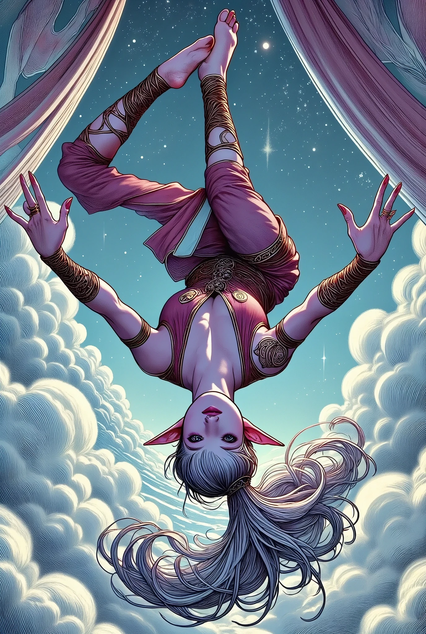 (Ultra-detailed face, Looking away, Fantasy Illustration with Gothic, Ukiyo-e. A young succubus gains momentum and backturns from the top of the deck stairs at an angle, turning herself upside down. Because she is back-turned, her face is shown upside down. Accurately depict the upside-down face and body.), BREAK (She has jet-black hair and eyebrows, blunt bangs, ground-length messy hair, glowing red eyes with yellow stars, small pink lips, pale skin, and dark, thick eyeliner.), BREAK 
(She wears a tiara with a skull motif and a black leather chukar. She wears a high-leg bodysuit of lace fabric made of raven feathers and embroidered with red thread, and stocking boots with braided red laces. On her back she has a pair of large raven-shaped wings.)