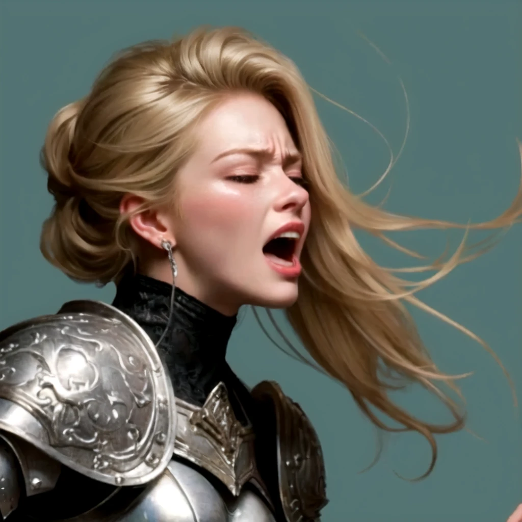 Masterpiece, Extremely beautiful female knight, Frightened, Terrified, Tightly closed eyes. Open mouse, grimace, Painful screaming, Crying, Solid gray background, Blonde hair