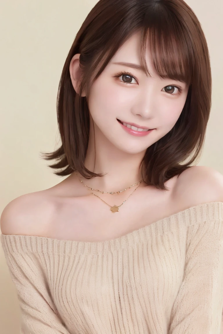   top quality  , ( beautiful)、 beautiful女性、solo、1 person、Precision Eyes、  medium hair 、   brown eyes  、 beige hair color 、Inner Chest、 necklace、 smiles、 upper body、off-the-shoulder knitwear、slouch