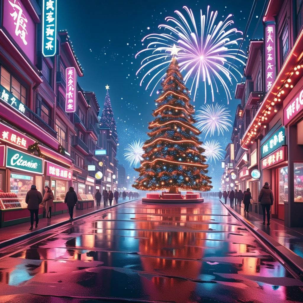  Best Quality ,masterpiece,Night City ,street， Christmas， Christmas Gift ,Light Particles, Light,Christmas tree, neon lights ,fireworks, Self-Deconstructing , surrealism,  Dreamy Scenery , 获奖masterpiece， Incredible details ,  Surreal Vapor Waves  , Critical Space ,  futurism , Wheel lighting ,Octane Rendering,