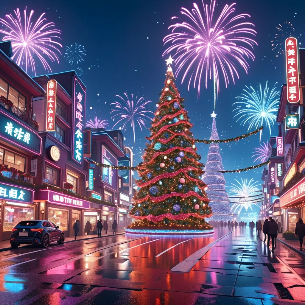  Best Quality ,masterpiece,Night City ,street， Christmas， Christmas Gift ,Light Particles, Light,Christmas tree, neon lights ,fireworks, Self-Deconstructing , surrealism,  Dreamy Scenery , 获奖masterpiece， Incredible details ,  Surreal Vapor Waves  , Critical Space ,  futurism , Wheel lighting ,Octane Rendering,