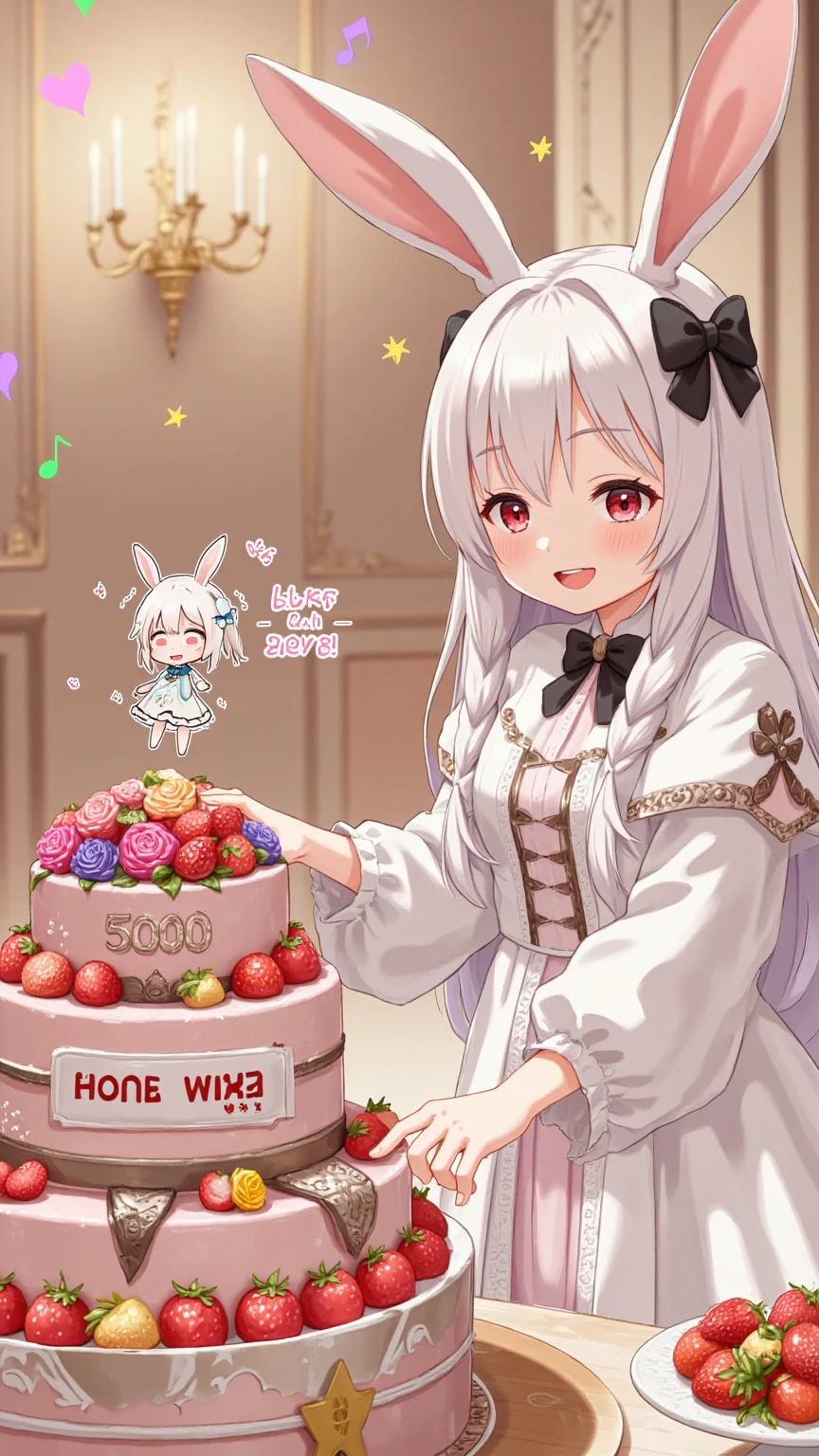 text on cake say "5000 THANK with LOVE".  rabbit girl\(chibi,cute, kawaii,red eyes,white rabbit ears, wearing pretty white dress embroidered with shiny white silk, luxuriously braided long white hair, big black hair bow, bangs, idol, looking at cake, put strawberry on cake, smiling\) making huge gigantic multilevel decorated cake\(with fresh strawberry and colorful rose\).decorated party room.newest anime style.Perfect hand,Detailed hand. focus on the cake, beautiful bokeh,vivid lighting. chandelier. colorful cute image.  colorful heart notes and star notes.