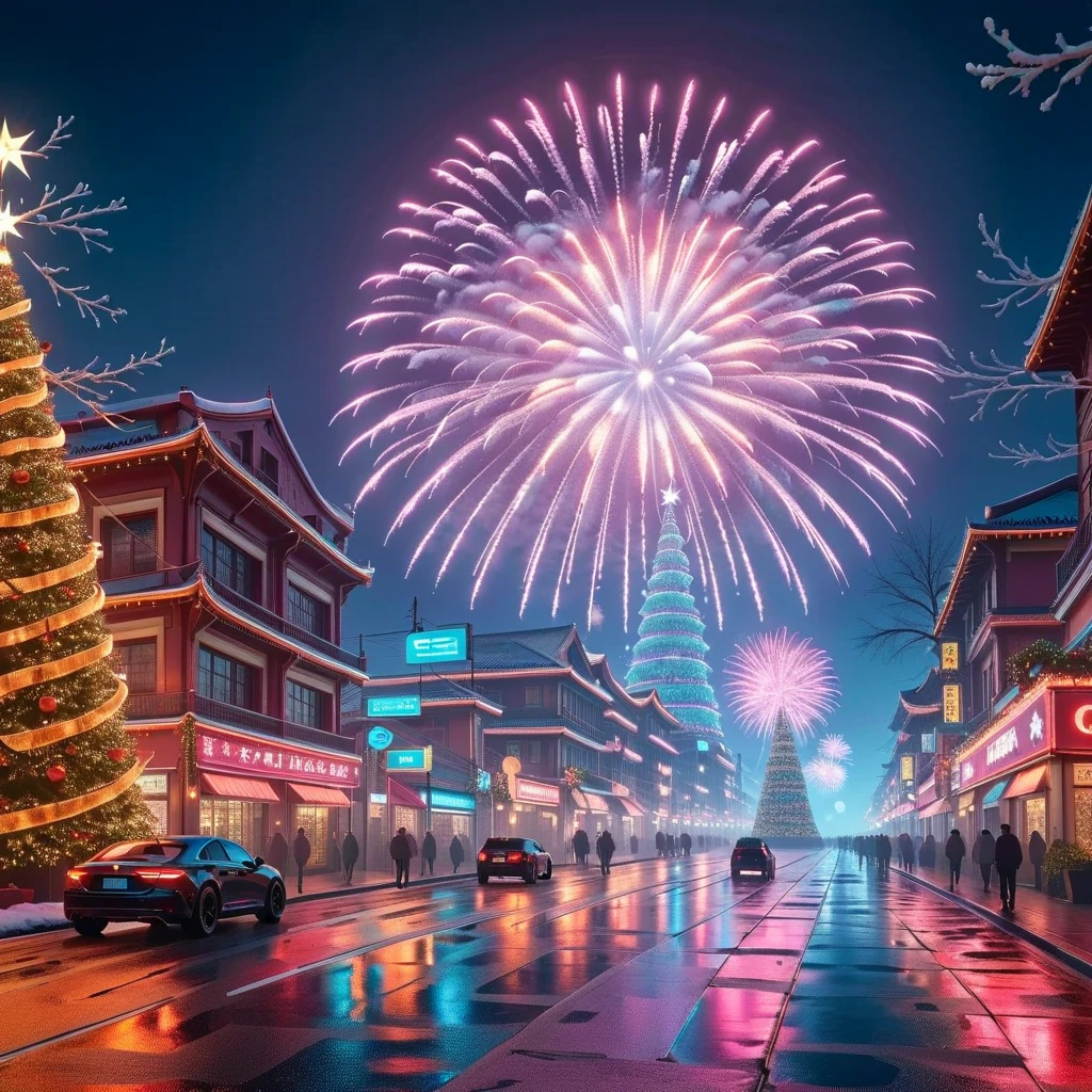  Best Quality ,masterpiece,Night City ,street， Christmas， Christmas Gift ,Light Particles, Light,Christmas tree, neon lights ,fireworks, Self-Deconstructing , surrealism,  Dreamy Scenery , 获奖masterpiece， Incredible details ,  Surreal Vapor Waves  , Critical Space ,  futurism , Wheel lighting ,Octane Rendering,