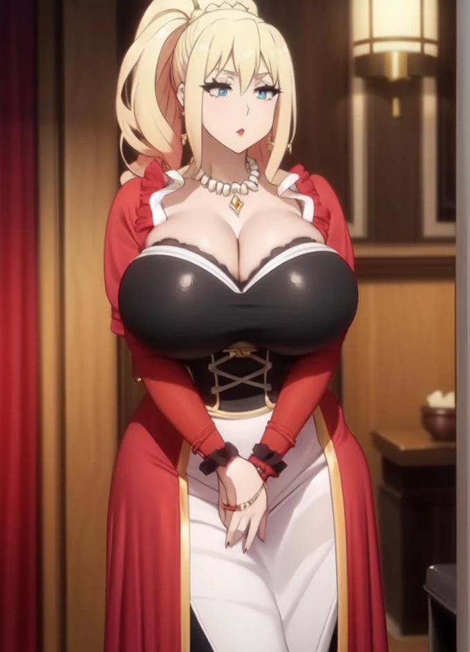 masterpiece, best quality, highly quality ,  Darkness lalatina,konosuba,Big breast,Golden bracelet,Half open eyes,blue drop earring,Mature,((Cleavage)),long sleeve,((((diamond Wedding ring)))),((Enchanced breast)),(((Cross hairpin))),Blue eyes,Blonde,Majestic mansion,Noble rings,modern anime quality,Tight thights,Konosuba anime artstyle,Swaying hips,light Eyeshadow,Detailed face,Bare neck,pearl necklace,enourmous big breast,Mature,Milf,Corset,red colored Long gown,((Eyeshadow)),Detailed Rings,Detailed Necklace,corset,Soft smile,heavy make up,Madam,((glossy Red lips)),Curvy figure,Plump,Thick lips,Thin dress,Light blue eyes,Visible ear,Sulrty and busty,Blond hair,Thin eyebrow,((long sleeve)),1girl,((solo)),wavy hair,(((Thin white glove))),((visible tied sideburn)),Top knot bun,curl hair,long wavy hair,Plump,milf,Mature,close mouth,Alluring and seductive attitude,Red colored dress,Queen big collar shirt,Symetrical blunt bang hair