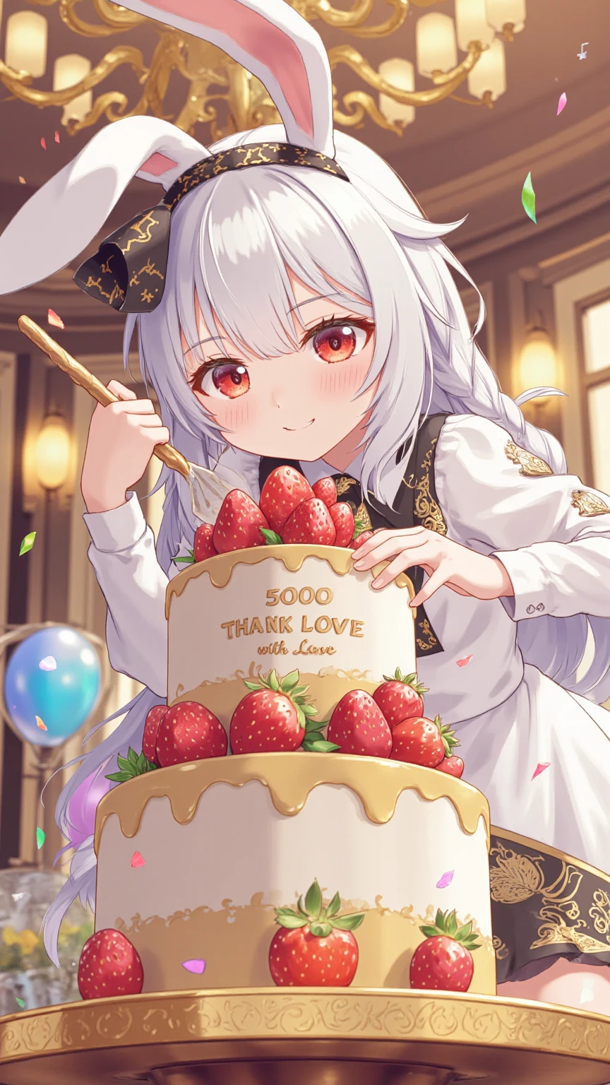 text on cake say "5000 THANK with LOVE".  rabbit girl\(chibi,cute, kawaii,red eyes,white rabbit ears, wearing pretty white dress embroidered with shiny white silk, luxuriously braided long white hair, big black hair bow, bangs, idol, looking at cake, put strawberry on cake, smiling\) making huge gigantic multilevel decorated cake\(with fresh strawberry and colorful rose\).decorated party room.newest anime style.Perfect hand,Detailed hand. focus on the cake, beautiful bokeh,vivid lighting. chandelier. colorful cute image.  colorful heart notes and star notes.